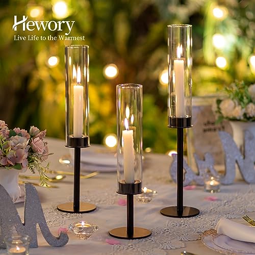 Hewory Black Candlestick Holders Hurricane Candle Holder, 3Pcs Candle Stick Candle Holder Candelabra, Taper Candle Holders with Glass Candle Cover for Wedding Table Centerpiece Christmas Decor - color: Black, size: 3pcs