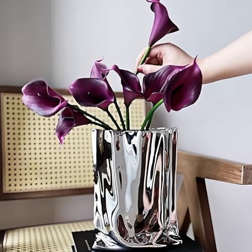 Ceramic Flower Vase, Crinkle Paper Bag Shape, Silver Metal, Modern Home Decor (X-Large) - size: X-Large