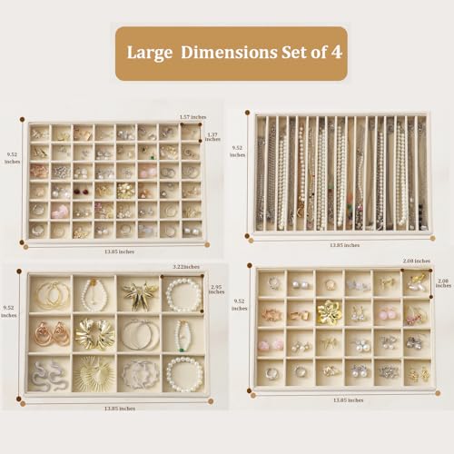 Large Jewelry Drawer Organizer Trays Set of 4, Stackable Velvet Jewelry Trays Organizer Holder Display Storage Showcase for Earring Necklace Bracelet Ring Accessary (Beige, 12+17+24+48 Grids) - color: Beige, size: 12+17+24+48 Grids