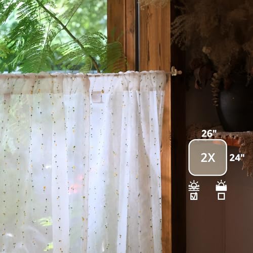 jinchan Semi Sheer Kitchen Curtains for Window 24 Inch Mini Pom-Pom Voile Tier Curtains Light Filtering Small Drapes for Bedroom Living Room Rod Pocket 2 Panels Sunlit Grove - color: Dottie Sunlit Grove, size: 26"W x 24"L (Pack of 2)