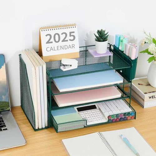 OPNICE Desk Organizer, 4-Tier Desktop File Organizer with Drawer and 2 Pen Holders, Office Desk Accessories, File Sorters, Workspace Organizers for Office Supplies(Dark Green) - color: Dark Green, size: 4-Tier