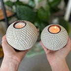 Luca Orb Tea Light Candle Holders (Gift Boxed Set of 2) Grid Pattern, Beige and White - color: Beige and White