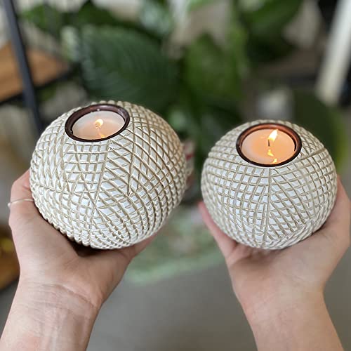 Luca Orb Tea Light Candle Holders (Gift Boxed Set of 2) Grid Pattern, Beige and White - color: Beige and White