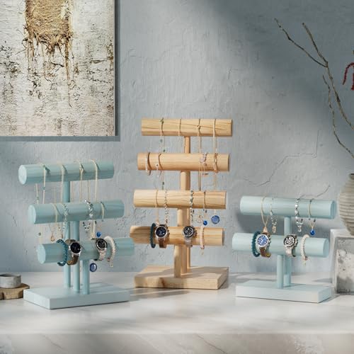 ProCase Bracelet Holder Display Bracelet Organizer, Wooden Bracelet Stand for Selling, T-bar Bangle Storage Rack Wood Watch Display Tower for Business - 3 Tier, Aqua - color: Aqua, size: 3 Tier