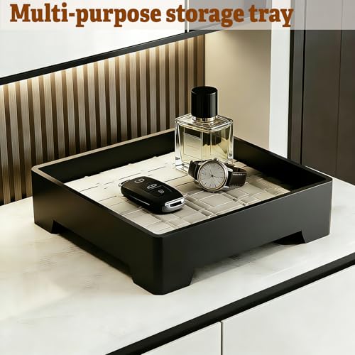 7-Inch Square Decorative Tray, Multi-Purpose Organizer for Keys, Cosmetics, Jewelry, Snacks, Modern Minimalist Style (Black + White mat)