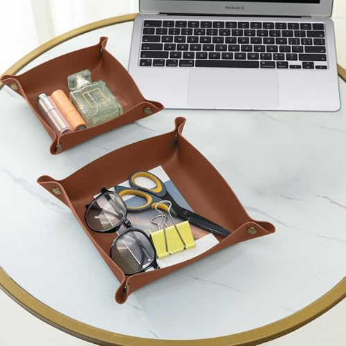 2 Pack (Size:9.84"&7.87") PU Leather Jewelry Valet Tray,Portable Entryway Table Nightstand Desk Tray Catchall Travel Plate Organizer for Phone, Keys, Wallet, Watch,Coin (Brown) - color: Brown