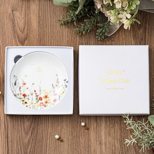 Crisky Initial Jewelry Tray Ring Dish & Gift Box, Ceramic Flower Trinket Dish for Rings Earrings Necklaces Keys, Bridal Shower Engagement Birthday Gift for Women, Friends 4.57" (Gold Foil O - style: Initial O