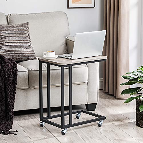 VASAGLE End Table, C Shaped TV Tray with Metal Frame Rolling Casters, Industrial Side Table for Living Room Bedroom, 19.7 x 13.8 x 23.6 Inches, Greige and Black - color: Greige + Black