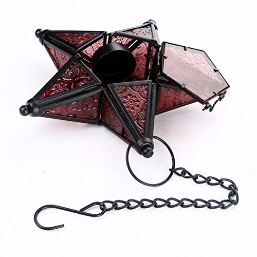 Morocco Metal Star Glass Lantern Wall Hanging Candle Holder for Decorative Wedding Party Home Decoration Birthday Party (Red) - color: Red