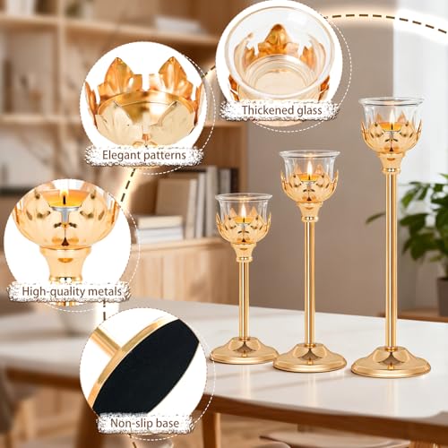 Set of 3 Metal Tea Light Candle Holder with 3 Glass Cups, 12/10/8 Inch Elegant Tealight Candelabra Centerpiece for Wedding Table Decor, Tiered Home Party Decoration (3, Gold) - color: Gold