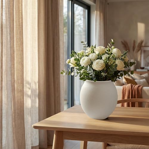 Round Wide Mouth White Ceramic Vase -9.7" Large Flower Pot with Drainage Hole for Indoor Plants, Gravel Textured Cream White Vase & Planter for Home Decor
