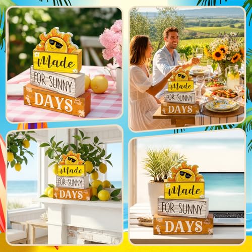 Lineshading 4 Pcs Summer Table Decoration Wooden Sun Beach Tiered Tray Decor Summer Centerpiece Rustic Wood Made for Sunny Day Block Sign Gifts Beach Decorations for Home Kitchen Office Coffee Bar - style: Sun