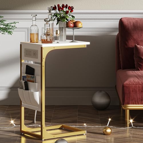 TUTOTAK C Shaped End Table with Charging Station, Side Table for Sofa, Couch Table with Storage Bag, Set of 2, TV Tray Table with 2 USB Ports and Outlets for Living Room, Bedroom, TB01BWG0242 - color: White and Gold, size: 2 Pack (11.8"W), style: With Plu