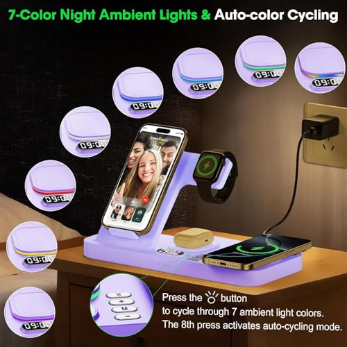 Dual Phone Wireless Charging Station for Apple Devices, Magnetic Charging Station for iPhone with Auto Switch 7-Color Light&Clock,Family Watch Charger for iPhone17 for iWatch11 for AirPods Pro3(Purple - color: Purple