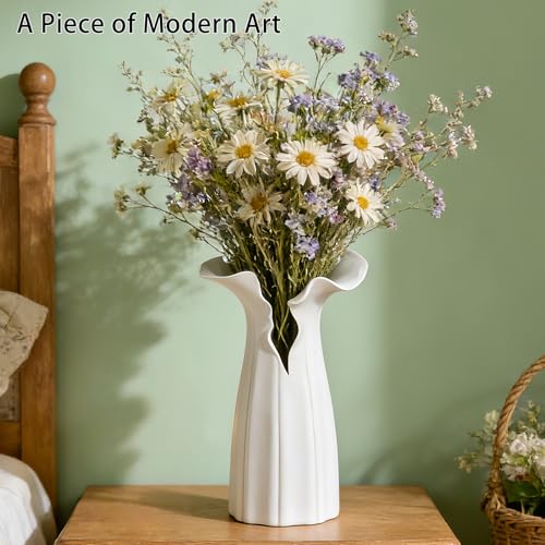 Abstract Irregular Ceramic Vase, White Irregular Pottery Vase, Handmade Decorative Minimalist Flower Vases for Modern Home, Tabletop, Shelf & Office - size: 16" x 12" x 28"