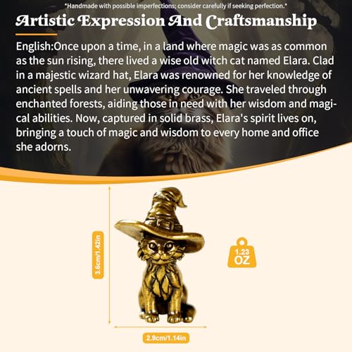 CHOVY Retro Handcrafted Witch Cat Ornament - 100% Solid Brass Desk Decor | Enchanting Feline Sculpture with Wizard Hat Unique Gift for Cat Lovers & Magic Enthusiasts - style: Wizard Cat