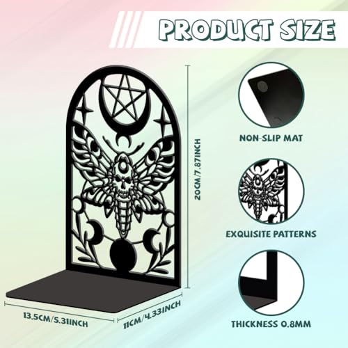 Peacoblue Metal Bookends for Shelves, Modern Decorative Heavy Duty Study Book Ends Stoppers for Office, Desk, Shelf, Room 5.3"x4.3"x7.9" Cast Iron Simple Tall Bookends 1 Pair (Death Moth) - style: Death Moth
