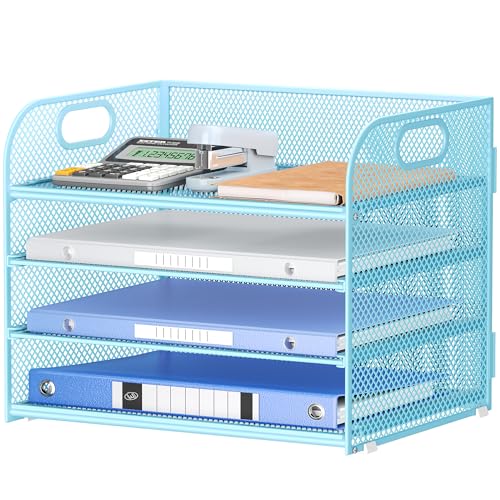 Lavatino 4-Tier Paper Organizer Trays - Blue Mesh File Folder Sorter with Handles, Desk Letter Holder Organizer for Office, Home, School Supplies Storage & Organization - color: 4 Tier - Blue