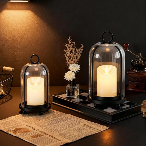 Glass Hurricane Candle Holder Decorative Gold Candle Lantern, Pillar Candlestick Holders Set of 2, Hanging Metal Holder Modern Table Centerpieces, Black - color: Black