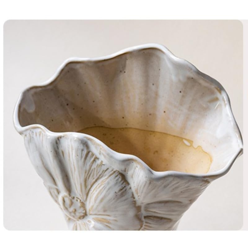 Handmade Vintage Ceramic Vase with Open Hand Drawn Beige Flower Pattern and Innovative Floral Design