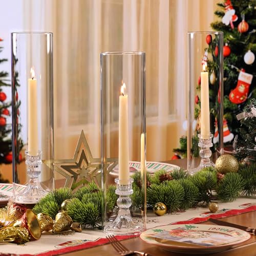 6 Set Hurricane Glass Candle Holders for Taper Candles, Vertical Striped Candlestick Holders with Windproof Glass Tubes 13.4" H for Wedding, Dinner Table Centerpieces, Festival and Party Decor - size: 3.3"D-13.4"H -6pcs+6pcs Striped Candlestick Holder