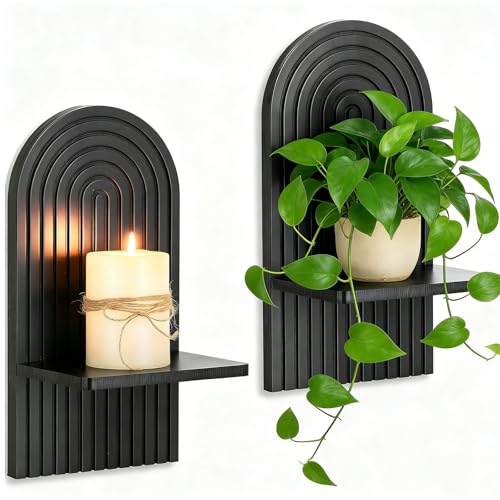 Black Boho Candle Sconces Decor: Set of 2 Wood Mid-Century Wall Candle Holder for Hallway Fireplace Bedroom - Arch Wall Shelf for Plants Pillars Candles - color: Black