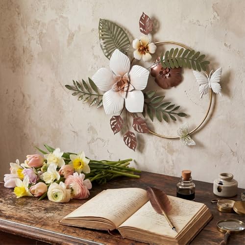 3D Metal Flower Wall Decor - 13.78'' Gold Circle Floral Wall Art with Green Tropical Leaves and Butterflies, Modern Boho Rustic Hanging Sculpture for Living Room Bedroom Bathroom Entryway Kitchen - style: Stylish Style