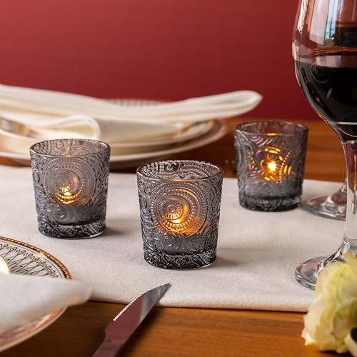 6 Pack Patented Sun Moon Star Embossed Glass Tea Light Candle Holders - Unique Votive Candle Holders for Wedding, Party, and Table Centerpieces (Multi-Color) - color: Multicolor