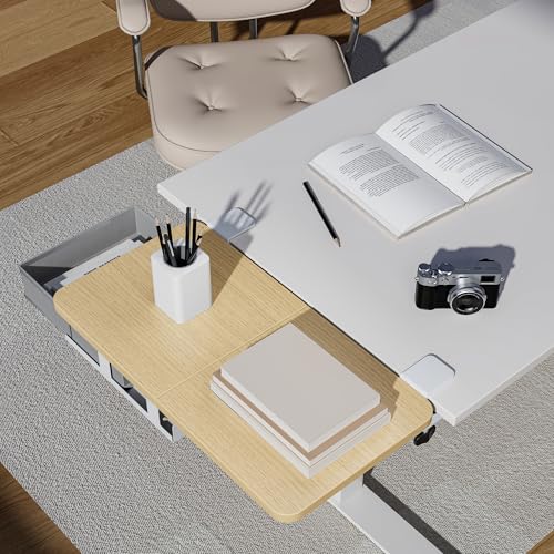 PEGZONE Desk Extender Tray, 24" x 12" Clamp On Desk Shelf, Desk Extension with Storage Drawer, Table Desk Arm Rest, Clamp On Keyboard Tray for Office and Home, Workstation Organizer, Medium, Wood - size: 24 x 12 inch, style: Wood with drawer