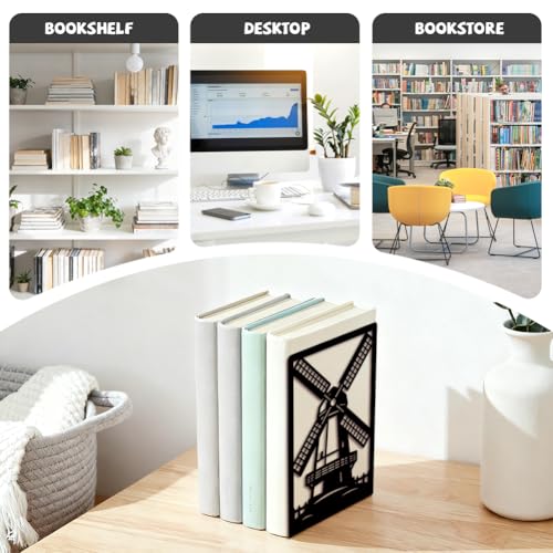 Peacoblue Metal Bookends for Shelves, Modern Decorative Heavy Duty Study Book Ends Stoppers for Office, Desk, Shelf, Room 5.3"x4.3"x7.9" Cast Iron Tall Bookends 1 Pair (Dutch Windmill and Fence) - style: Dutch Windmill and Fence