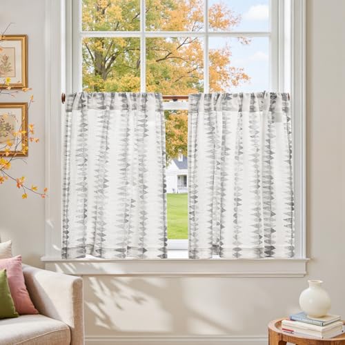 jinchan Boho Kitchen Curtains for Windows Light Filtering Poly Linen Cafe Curtains 24 Inch Rod Pocket - Mudcloth Print 2 Panels Farmhouse Window Treatments for Bathroom Laundry RV Grey on Linen - color: Tribal | Grey on Linen, size: 26"W x 24"L (Pack of 2