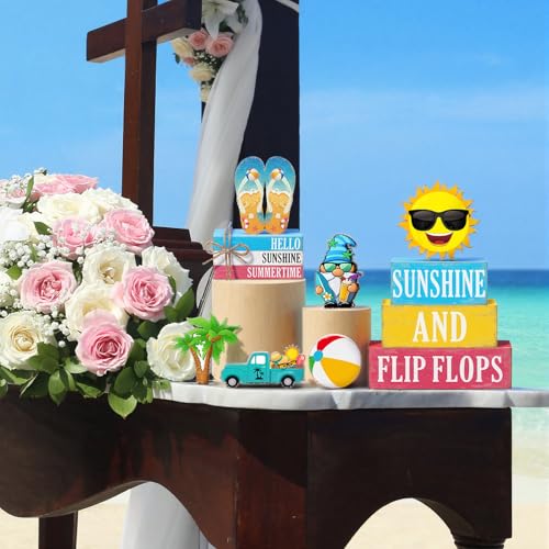 Vercraft 11 Pcs Summer Decorations Set Sunshine Tiered Tray Decor Hello Sweet Summer Wooden Blocks Flip Flops Coconut Tree Centerpiece for Home Office Decorations - style: Hawaiian