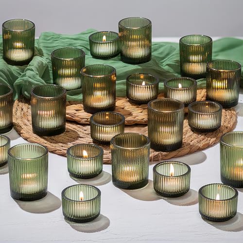 Glasseam Glass Tealight Candle Holder: 24 PCS Green Ribbed Votive Candle Holders Bulk Small Christmas Tea Lights Holders for Table Centerpiece Wedding Decor - color: Dark Green