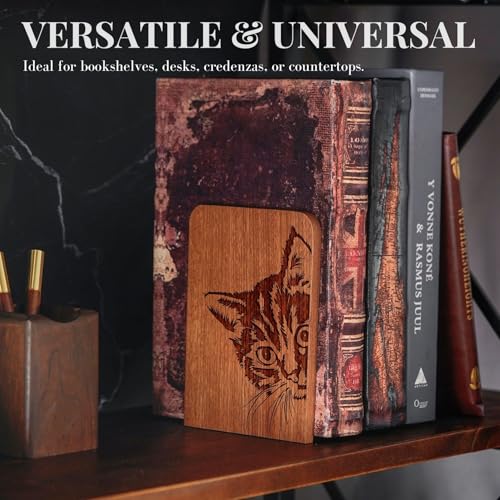 Cat Bookends, Cat Lover Gifts for Women Men, Novelty Book Ends Unique, Heavy Duty Wooden Bookends for Shelves Decorative(1 Pair, 4.72x6.69 Inches) - Peek - color: Peek