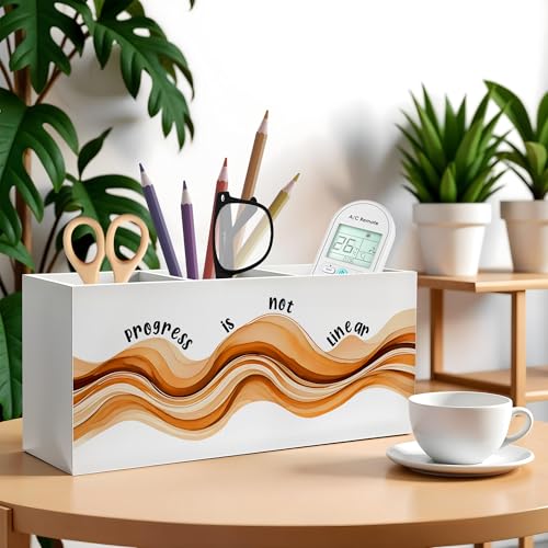 Inspirational Mental Health Pencil Pen Holder for Desk, Progress Is Not Linear Wooden Pencil Holder Organizer for Therapy Office Desk Accessories, School Counselor Office Must Haves - color: Color-Desk accessories white 09