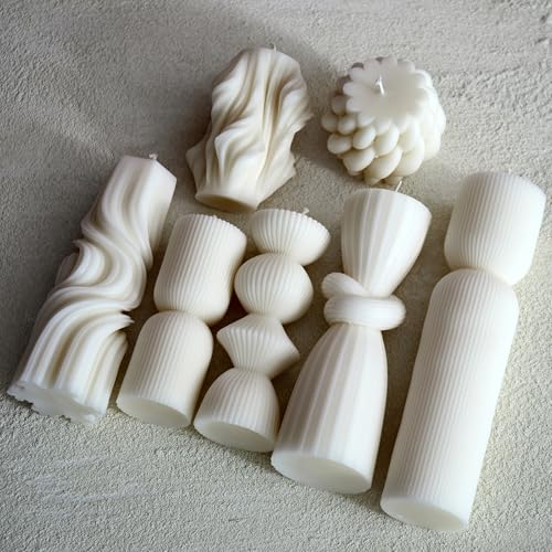 7-Pack Pillar Candles - Soy Wax Handmade Ribbed Candles for Home Decor, Housewarming Gift, Shelf & Table Decor - Aesthetic Modern Candles Set (White) - color: White