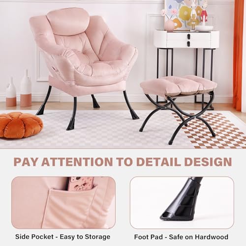 Tiita Lazy Chair with Ottoman, Pink Modern Large Accent Chair, Comfy Leisure Sofa Armchair with Ottoman, Reading Chair with Footrest for Bedroom, Living Room, Dorm Rooms, Velvet Pink - color: Pink