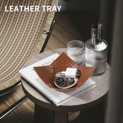 KINIVA PU Leather Jewelry Valet Tray for Men Women,Small Key Bowl for Entryway Table,Portable Travel Catchall Dice Tray (Bowl-Brown-2pcs) - style: Bowl-Brown-2pcs
