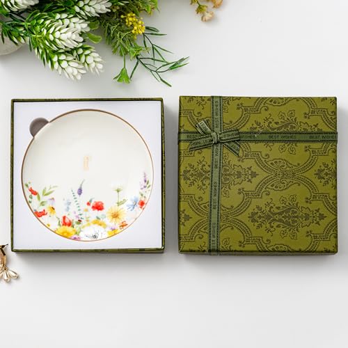 Crisky Flower Jewelry Tray Ring Dish & Gift Box, Ceramic Trinket Dish for Rings Earrings Necklaces Keys, Bridal Shower Engagement Birthday Gift for Women, Friends 4.57" (Gold Foil F - style: Initial F