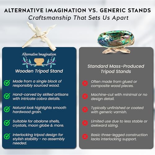 Alternative Imagination Wooden Tripod Display Stand - 8-Inch Hand Carved Holder Made from Mango Wood -Folding Natural Stand for Abalone Shell, Crystal Ball, Key Bowl,Trinket Dish, Incense,Decor & More - size: 8 Inches