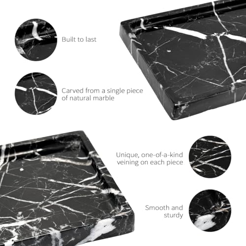 WeDoDecor Luxury Real Black Marble Bathroom Small Tray Vanity Decorative Rectangular Stone Tray for Countertops Dresser Guest Towels Holder Makeup Cologne Organizer for Toilet Tank Bathroom Accessory