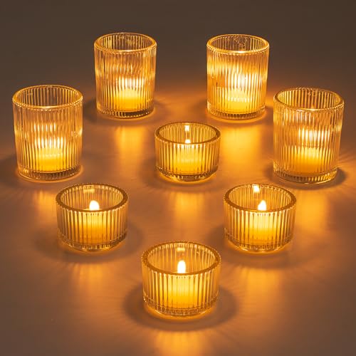 Glasseam Glass Tealight Candle Holder: Set of 8 Ribbed Clear Votive Candle Holders for Table Centerpiece, Decorative Small Vintage Tea Lights Candle Holder for Wedding Christmas Dining Room Decoration - color: Clear