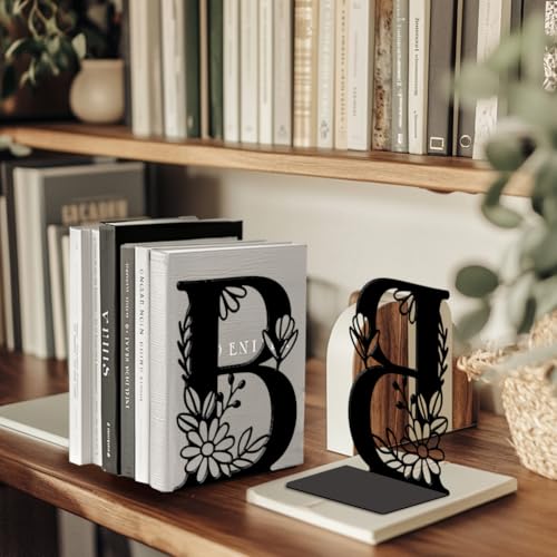 Peacoblue Metal Bookends for Shelves, Modern Decorative Heavy Duty Study Book Ends Stoppers for Office, Desk, Shelf, Room 5.3"x4.3"x7.1" Cast Iron Simple Tall Bookends 1 Pair (Letter B with Flower) - style: Letter B with Flower