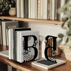 Peacoblue Metal Bookends for Shelves, Modern Decorative Heavy Duty Study Book Ends Stoppers for Office, Desk, Shelf, Room 5.3"x4.3"x7.1" Cast Iron Simple Tall Bookends 1 Pair (Letter B with Flower) - style: Letter B with Flower
