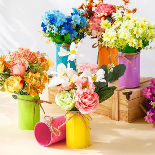 Rustic Vase for Table Centerpieces 4.33 Inch Small Petite Flower Vase with Twine Bow Vintage Farmhouse Decor for Wedding Reception Dining, Home Galvanized Metal Buckets(Multicolor,12 Pcs) - color: Multicolor