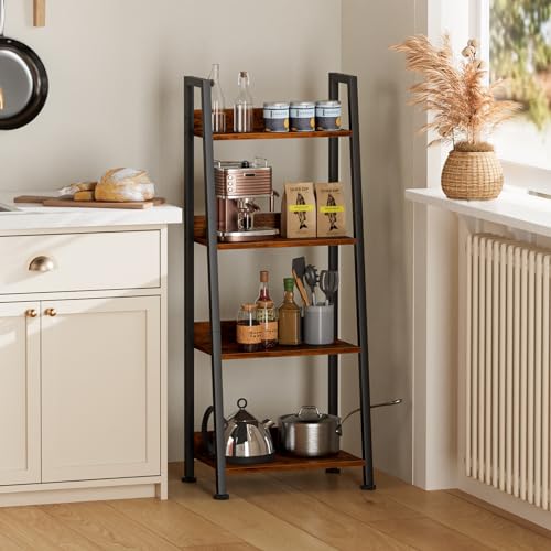 Furologee 4-Tier Ladder Shelf, Ladder Bookshelf with Removable Drawer, Rustic Bookcase Storage Rack Organizer, Wood Metal Freestanding Storage Shelves for Living Room, Home Office, Bedroom, Kitchen - color: Rustic Brown, size: 4-Tier, 15" W