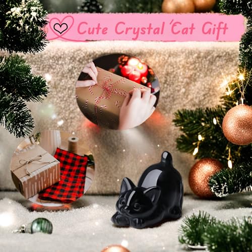 2" Black Cat Figurines Statue Sculpture Obsidian Crystals and Healing Stones Natural Gemstones Carved Kitten Cute Office Room Home Cat Decor Gifts for Mother Cat Lovers Women Men - color: Black-glossy Obsidian