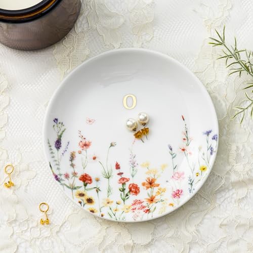 Crisky Initial Jewelry Tray Ring Dish & Gift Box, Ceramic Flower Trinket Dish for Rings Earrings Necklaces Keys, Bridal Shower Engagement Birthday Gift for Women, Friends 4.57" (Gold Foil O - style: Initial O