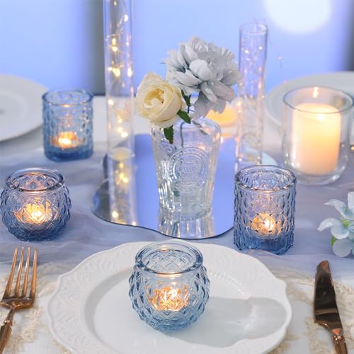 DARJEN Blue Glass Votive Candle Holders Set of 24 - Round Tea Lights for Wedding, Shower, Party & Gift - color: Blue, size: 24 Pcs