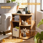 TooCust Rotating End Table with Storage, Swivel Side Table Living Room, Side Table with Magazine Holder, Basket and Cabinet, Sofa Side Farmhouse End Tables with Open Shelf (Rustic Brown)